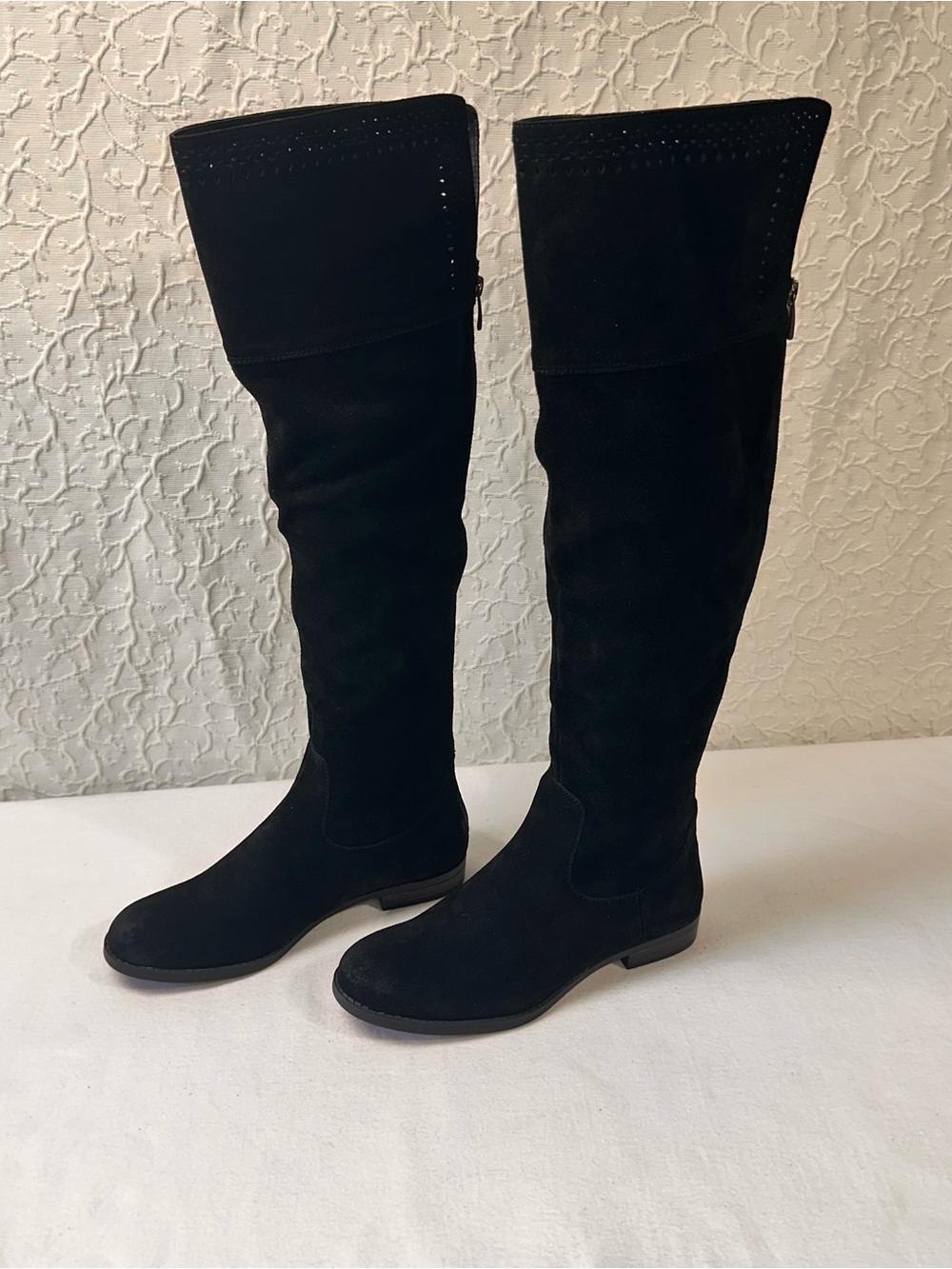 Genuine 1976 Leather Boots Knee Hight Shoes Back Zip Black Suede Riding Boots 8